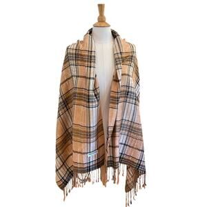 Tan, Black Plaid Pashmina Cashmere Wrap / Shawl with Fringe, 27.5 by 76